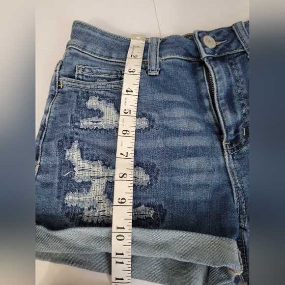 SO Brand Medium Blue Wash Distressed High Rise Shortie Denim Jean Shorts - Picture 3 of 6